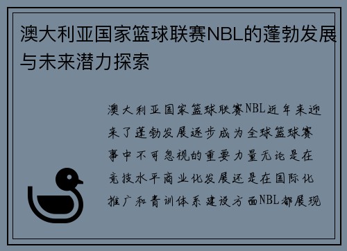 澳大利亚国家篮球联赛NBL的蓬勃发展与未来潜力探索 澳大利亚国家篮球联赛NBL的蓬勃发展与未来潜力探索