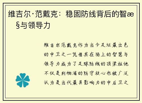 维吉尔·范戴克:稳固防线背后的智慧与领导力 维吉尔·范戴克:稳固防线背后的智慧与领导力