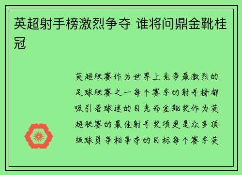 英超射手榜激烈争夺 谁将问鼎金靴桂冠 英超射手榜激烈争夺 谁将问鼎金靴桂冠