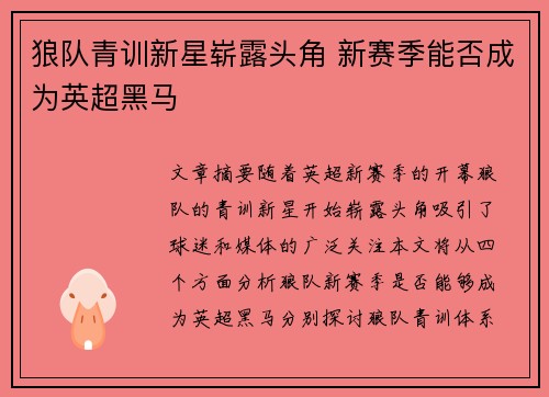 狼队青训新星崭露头角 新赛季能否成为英超黑马 狼队青训新星崭露头角 新赛季能否成为英超黑马